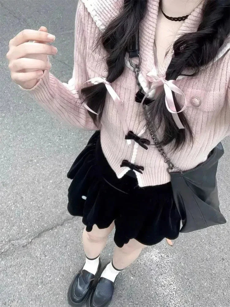 Voguable  Autumn Pink Sweet Cardigan Long Sleeve Y2k High Waist Knitted Coats Tops Japan Style Bow Sweaters Kawaii Slim Fit Women voguable