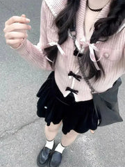 Voguable  Autumn Pink Sweet Cardigan Long Sleeve Y2k High Waist Knitted Coats Tops Japan Style Bow Sweaters Kawaii Slim Fit Women voguable