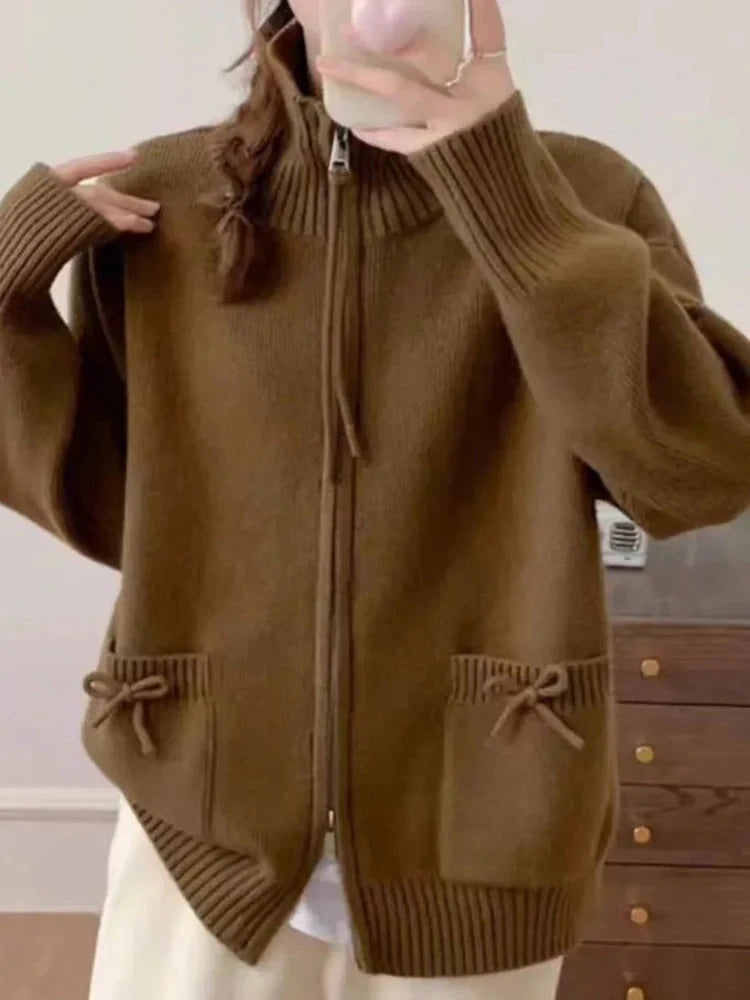 Korean Bow Cardigan Women Lazy Wind Double Zipper Long Sleeve Knitted Jacket Vintage Sweet Casual Preppy Style Tops Coat voguable