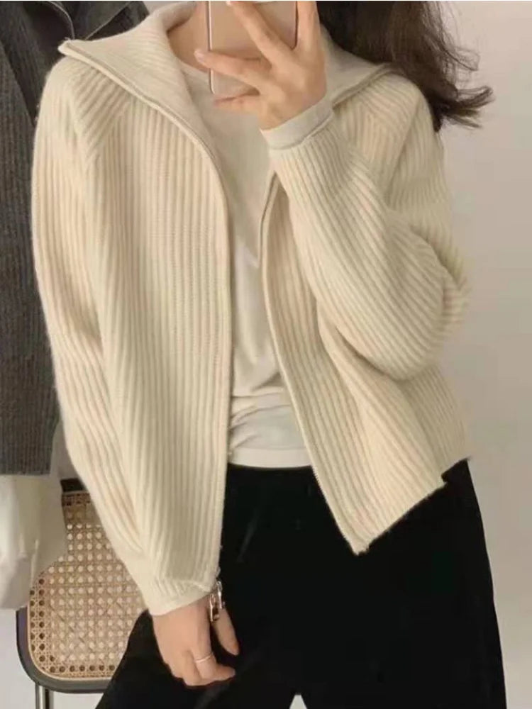 Voguable  Casual Knitted Cardigan Sweaters Women Autumn Vintage Zip-up Solid Loose Long Sleeve Tops Knitwear Chic Kpop voguable