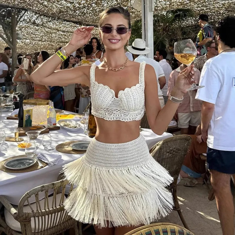 Hollow Out Bras And Slim Short Skirt Sets 2025 New Summer Crochet Vacation Sets Tank Top Casual Beach Female Outfits voguable