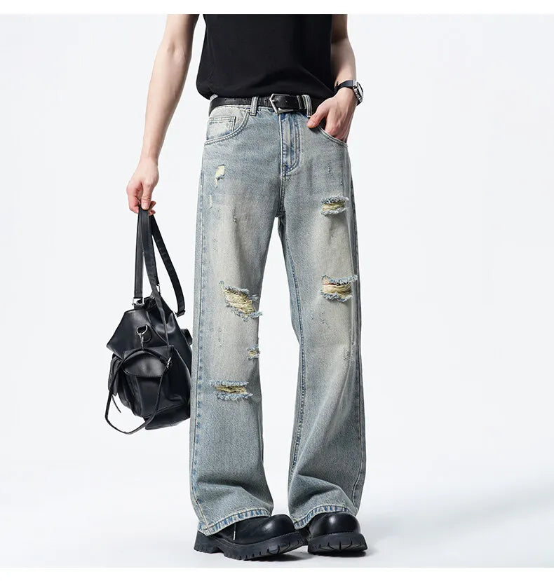 Men Straight Leg Vintage Blue Washed Denim Jeans Casual Ripped Distressed Trousers Classic Retro Style Comfortable Streetwear voguable