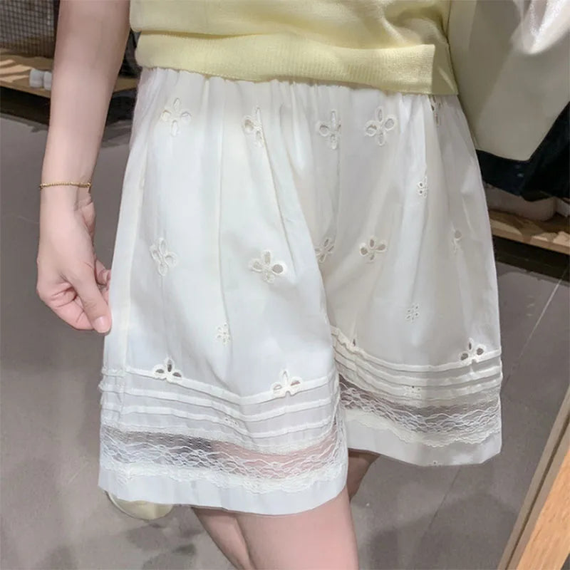 Lace Patchwork Women Shorts Korean High Waist Hollow Out Design Casual Shorts Ladies Fashion Embroidery All Match Wide-Leg Short voguable
