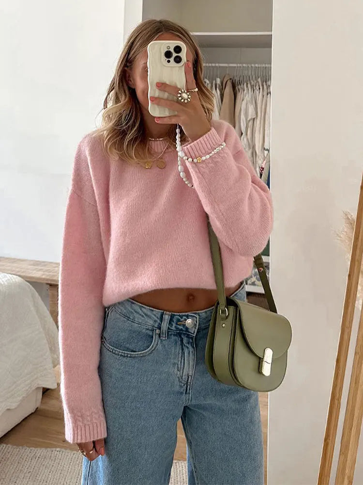 Solid Knit O-neck Elegant Women Pullover Long Sleeve Oversized Loose Soft Warm Sweater  Autumn Chic Casual Office Knitwears voguable