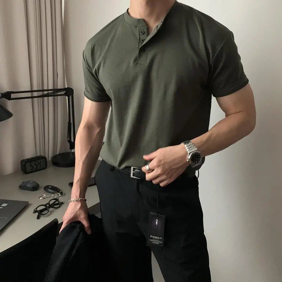 Summer Men‘s Short Sleeve Henley Neck T Shirts American Retro Casual Beach T-shirts Loose High-Quality Fitness Sports Shirt Tops voguable