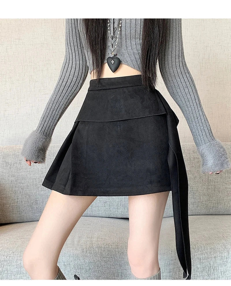 Sexy Slim Faux Suede Skirt Women High Waist Streetwear Vintage Bow Mini Skirts Fall Winter Casual American A Line Skirt New voguable
