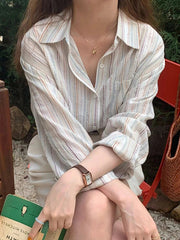 Korean Vintage Striped Women Shirts Long Sleeve Designed Summer Cotton Loose Button Up Shirt Oversize Female Tops New voguable
