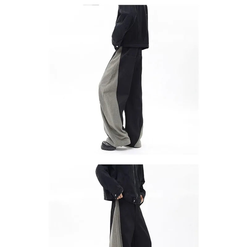 Voguable  Men's Panel Wide-Leg Pants Contrast Herringbone Side Stripe Baggy Fit voguable