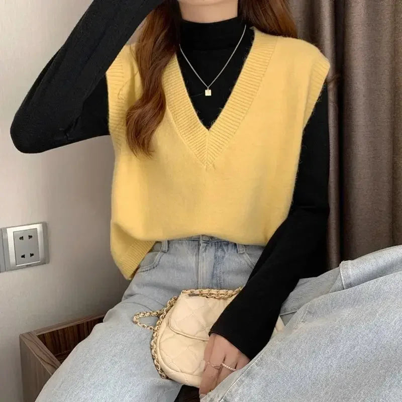 Women's Sweater Yellow Vest Short Knit Tops for Woman Green Crop V-neck Korean Style Winter Thermal Blouse Tall Long Sleeve Warm voguable