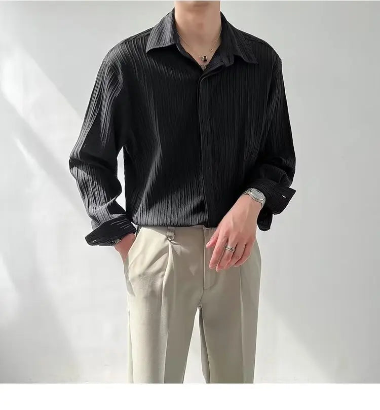Black Apricot White Long-sleeved Shirt Men Fashion Social Mens Dress Shirt Korean Loose Casual Pleated Shirts Mens Formal Shirt voguable