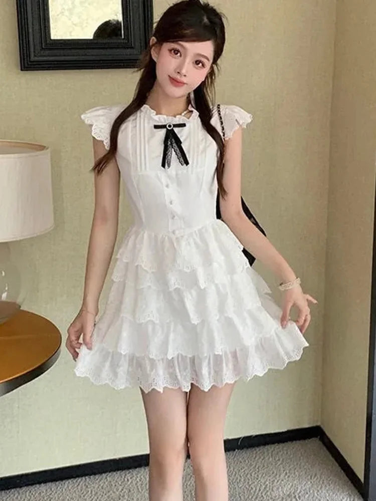 Sweet Chic Bow White Dress Women Slim Fashion Flying Sleeve Cute Mini Dress Casual O Neck Female Elegant Lace A Line Dress voguable