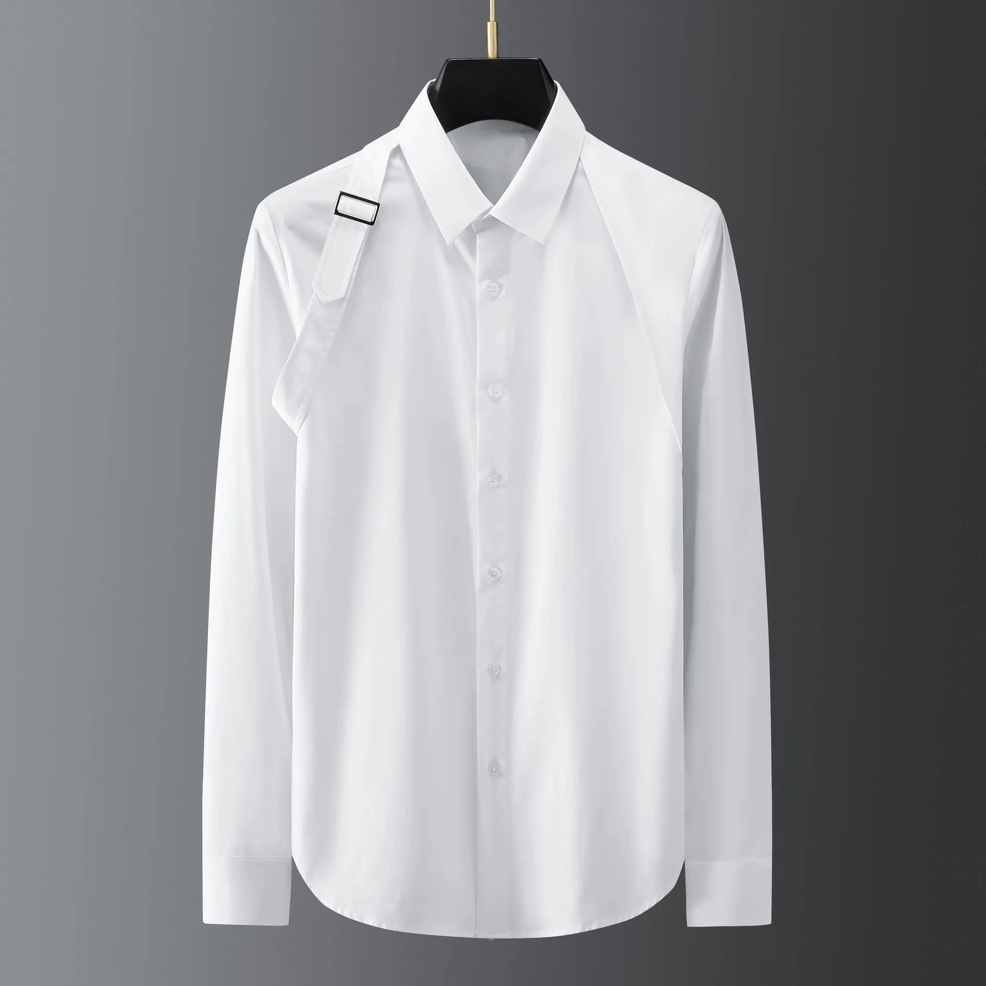 Luxury Men's Shirt Metal Buckle Ribbon Splicing Casual Social Shirts Long Sleeve Slim Fit Business Banquet Party Blouse Tops voguable