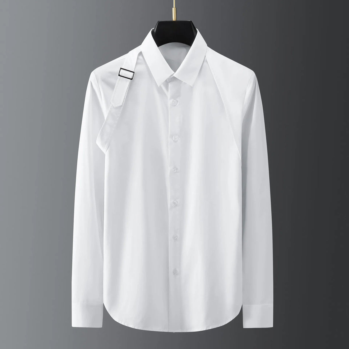Luxury Men's Shirt Metal Buckle Ribbon Splicing Casual Social Shirts Long Sleeve Slim Fit Business Banquet Party Blouse Tops voguable