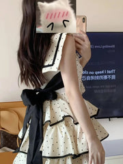 Elegant Bow Women Dress Summer Preppy Style Sweet Print Dot Ladies Mini Dress Party Night Vestidos New voguable