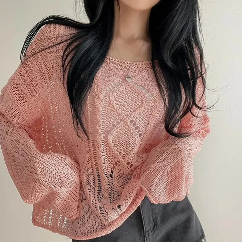 Long Sleeve Crochet Top Cable Knit Summer Beach Bikini Cover Up Crop Pullover Openwork Blouse Women Vacation Boho Outfit voguable