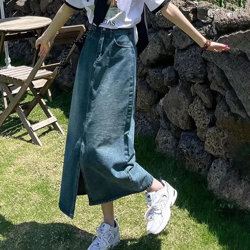 Vintage High Waist Women Denim Midi Skirt Summer Korean Thin Section Slit A Line Skirts Fashion Casual All Match Denim Skirts voguable