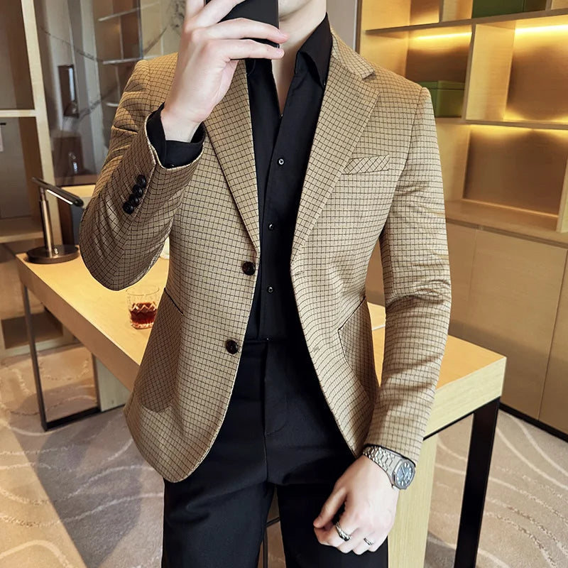 Voguable  Luxury and Fashionable Men's Suit Jacket Blazer Business Slim Fit Lapel Plaid Dress Suit Wedding Groom Tailcoat Suit Jacket4XL-M voguable