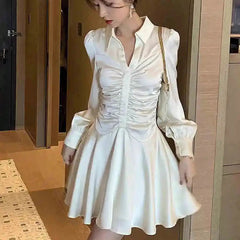 Voguable  Elegant Glossy Satin Mini Dress Women Turn Down Collar Bubble Sleeve Ruched Slim High Waist Flowy A Line Shirt Dresses voguable