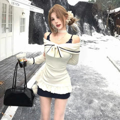 Elegant Sexy Two-piece Set Mini Dress Women Coquette Off Shoulder Evening Party Dress Sweet Korean Style Ruffle Dresses voguable