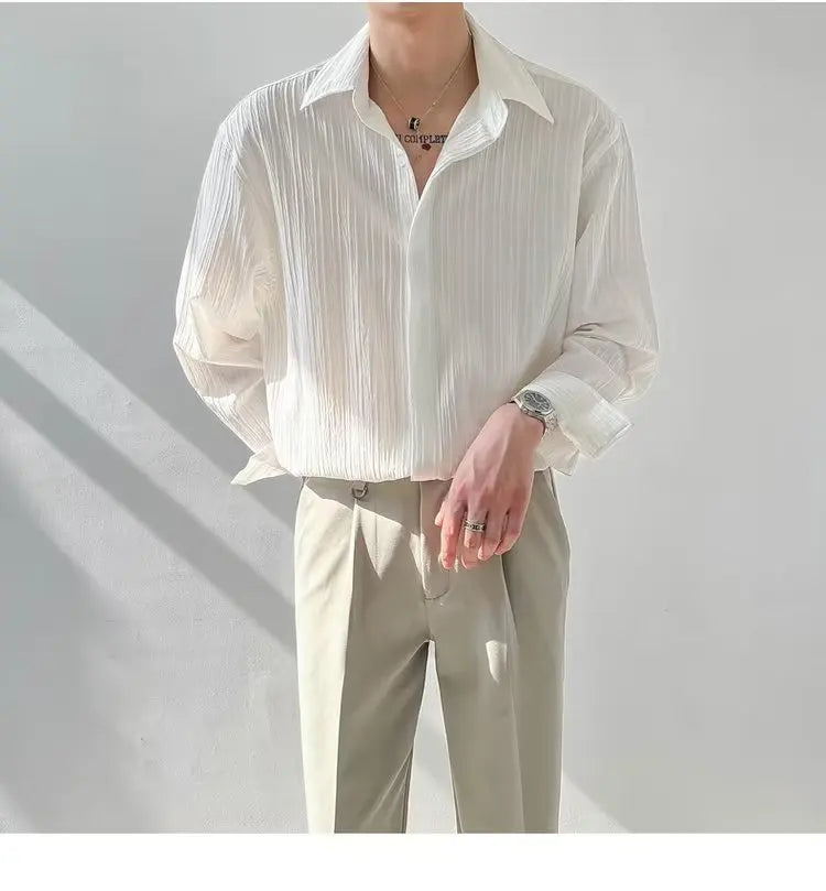 Black Apricot White Long-sleeved Shirt Men Fashion Social Mens Dress Shirt Korean Loose Casual Pleated Shirts Mens Formal Shirt voguable