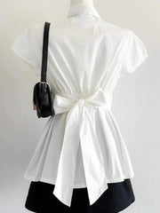 Back Bow White Shirt Women Slim Lace Up Elegant Blouse Vintage Casual Preppy Style Simple Short Sleeve All Match Tops New voguable