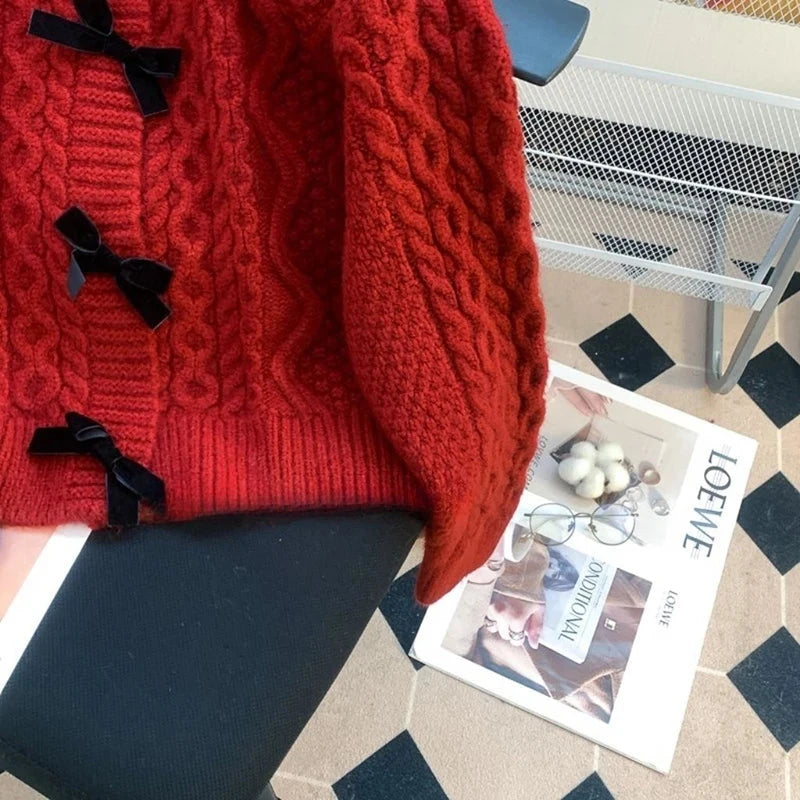 Preppy Style Bow Sweet Cardigan Women Cute Long Sleeve Solid Knitted Sweaters Casual Vintage O Neck Lady Fall Winter Top Outwear voguable