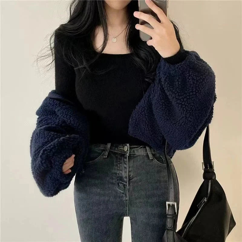 Artificial Lamb Wool Crop Jacket Women Autumn Winter Thick Warm Plush Coat Female Fashion Zipper Stand Collar Casual Outerwear voguable