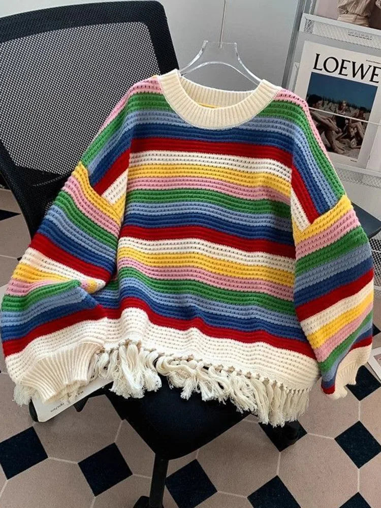 Sweet Rainbow Tassel Sweaters Women Vintage Cute Loose Long Sleeve Knitted Jumper Casual Retro O Neck Lady Hollow Out Pullovers voguable