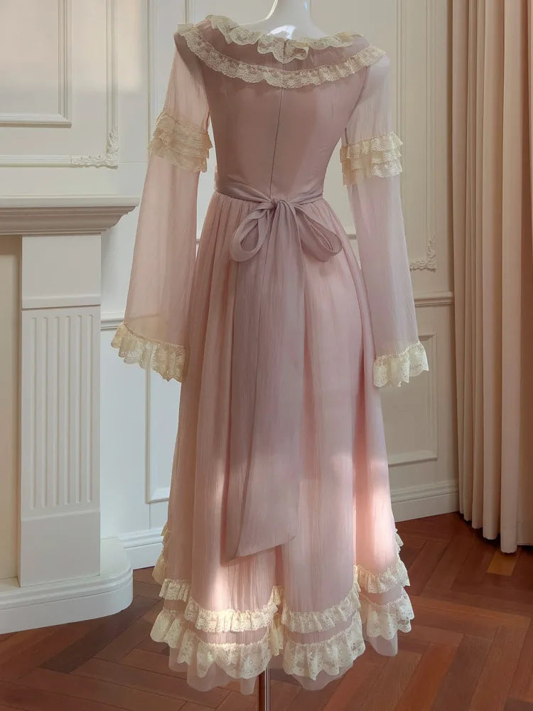 New Peter Pan Collar Women Butterfly Sleeve Dresses 2025 Spring Fashion Lace Patchwork Bow Embroidery Dress Female voguable