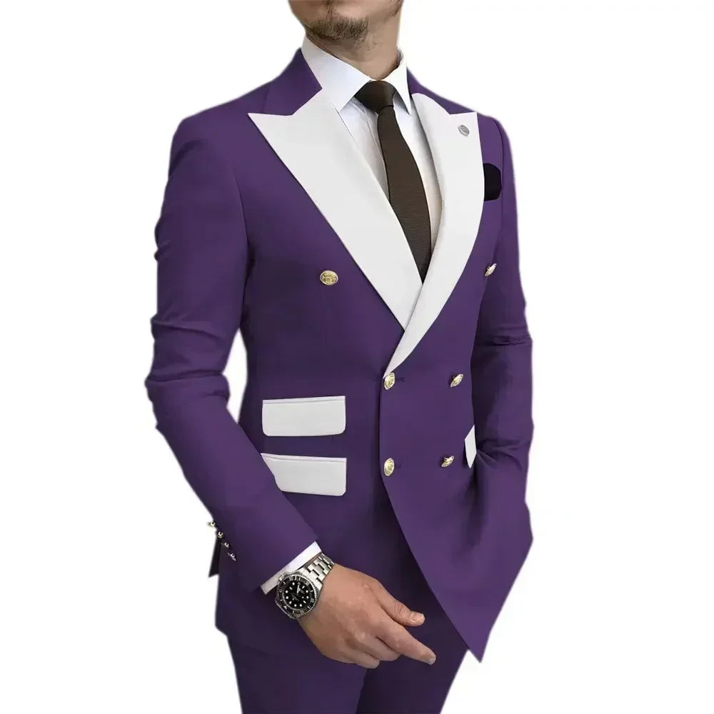 Voguable  Men's Modern Slim Fit Double Breasted Tuxedo Suit with Peak Lapel for Wedding Business Evening Party voguable