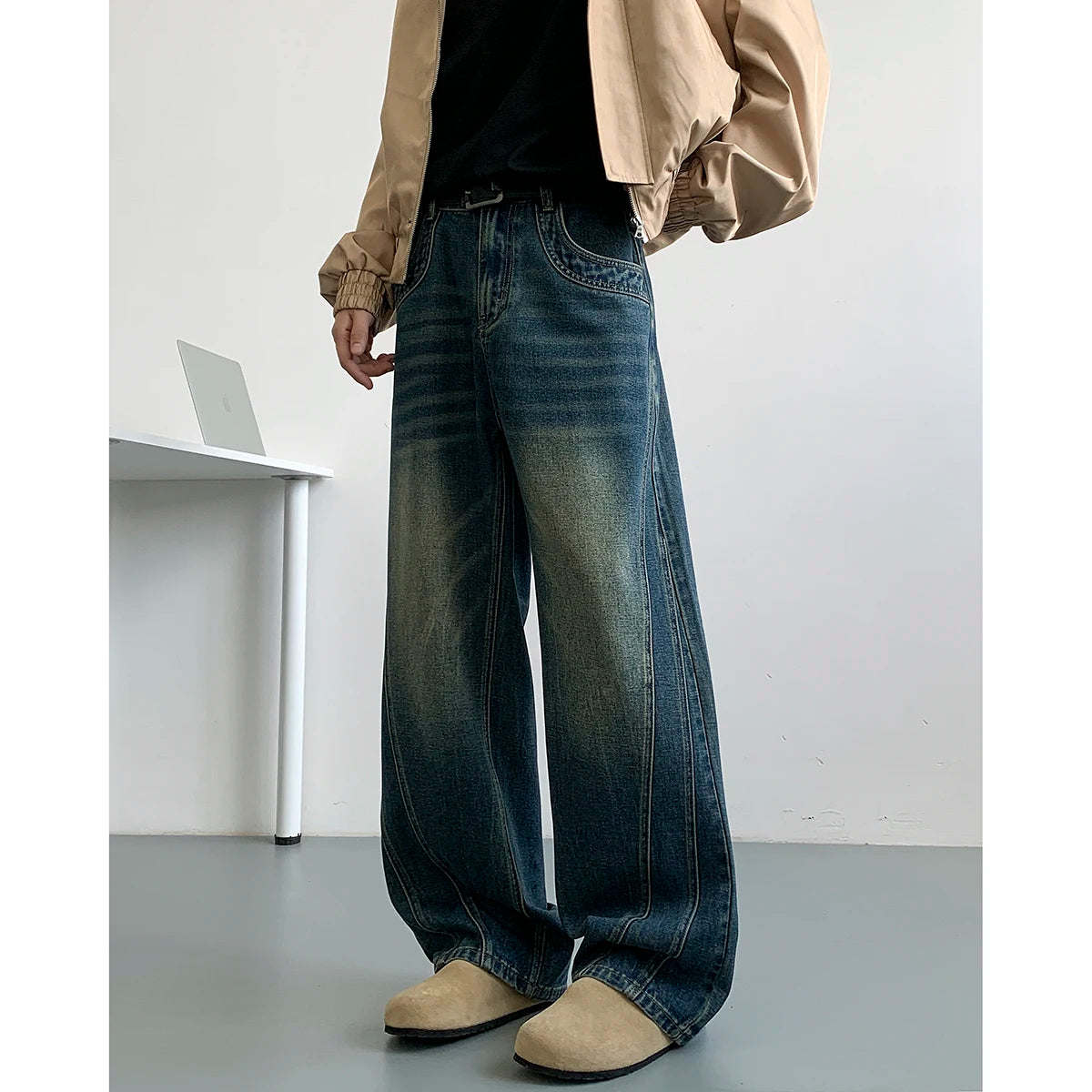 Winter Nostalgic Blue Jeans Men Chic Patchwork Loose Casual Denim Pants Wide Leg Male Straight Mopping Trouser Streetwear