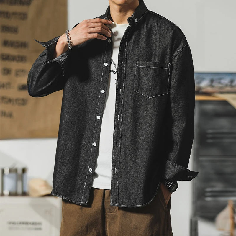 Autumn New Men's Long Sleeve Denim Shirt Classic Black Blue Loose Lapel Collar Coats Fashion Korean High Street Male Clothes Top voguable