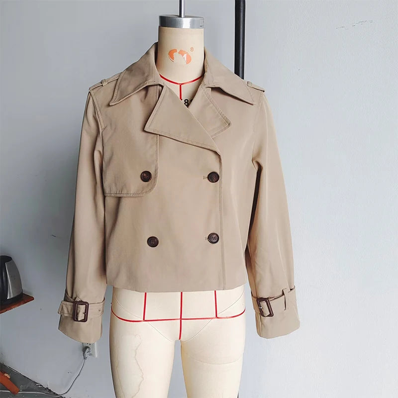 New Autumn Women Solid Cropped Trench Coat Vintage Double Breasted Long Sleeve Short Jacket Lapel Collar Windbreaker