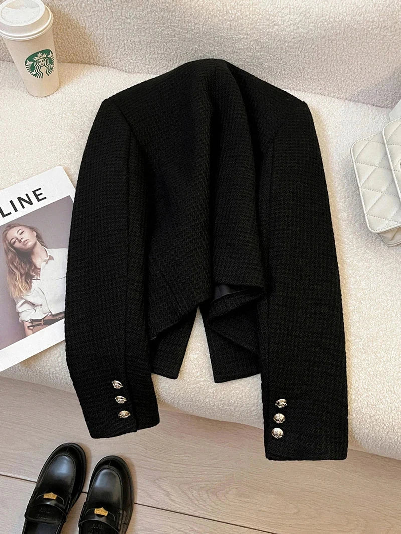 Black Slim Elegant Tweed Jacket Women Vintage Lace Patchwork Long Sleeve Sweet Coat Fall Winter French Casual Retro Tops voguable