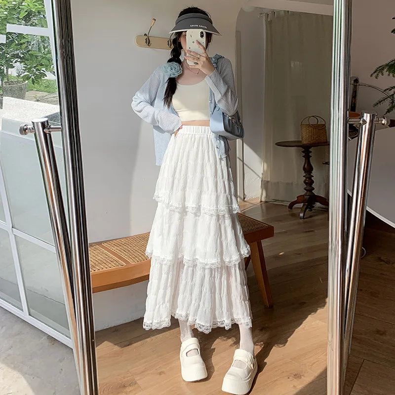 Voguable  Sweet Lace Ruffles Long Skirt Women Summer Cute Puff Cake A Line Skirt Woman Korean Style High Waist White Chiffon Tulle Skirt voguable