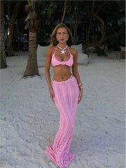 Hollow Knitt 3D Flower Bras + Long Skirts Pink Vacation Beach Women Sets Bikini Swimsuit Sexy Fashion Transparent Cover-ups 2025 voguable
