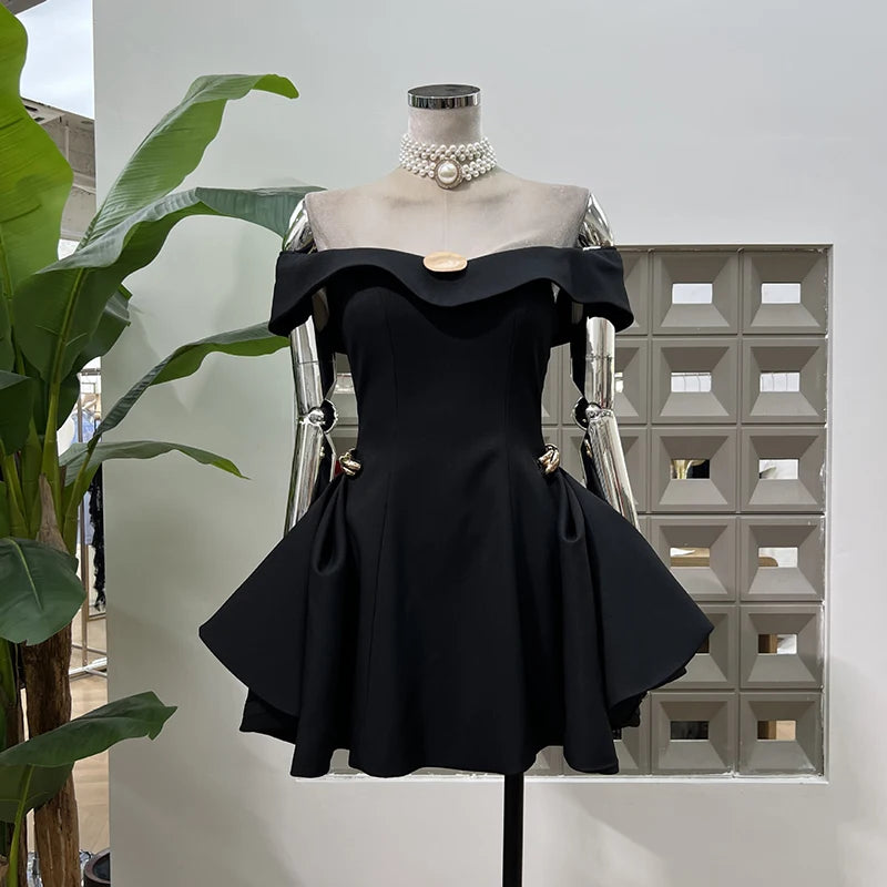 Fashion Pink Off Shoulder Dress Women's Slach Neck Side Metal Buckle A-line Mini Dresses Summer New 3A11001S voguable