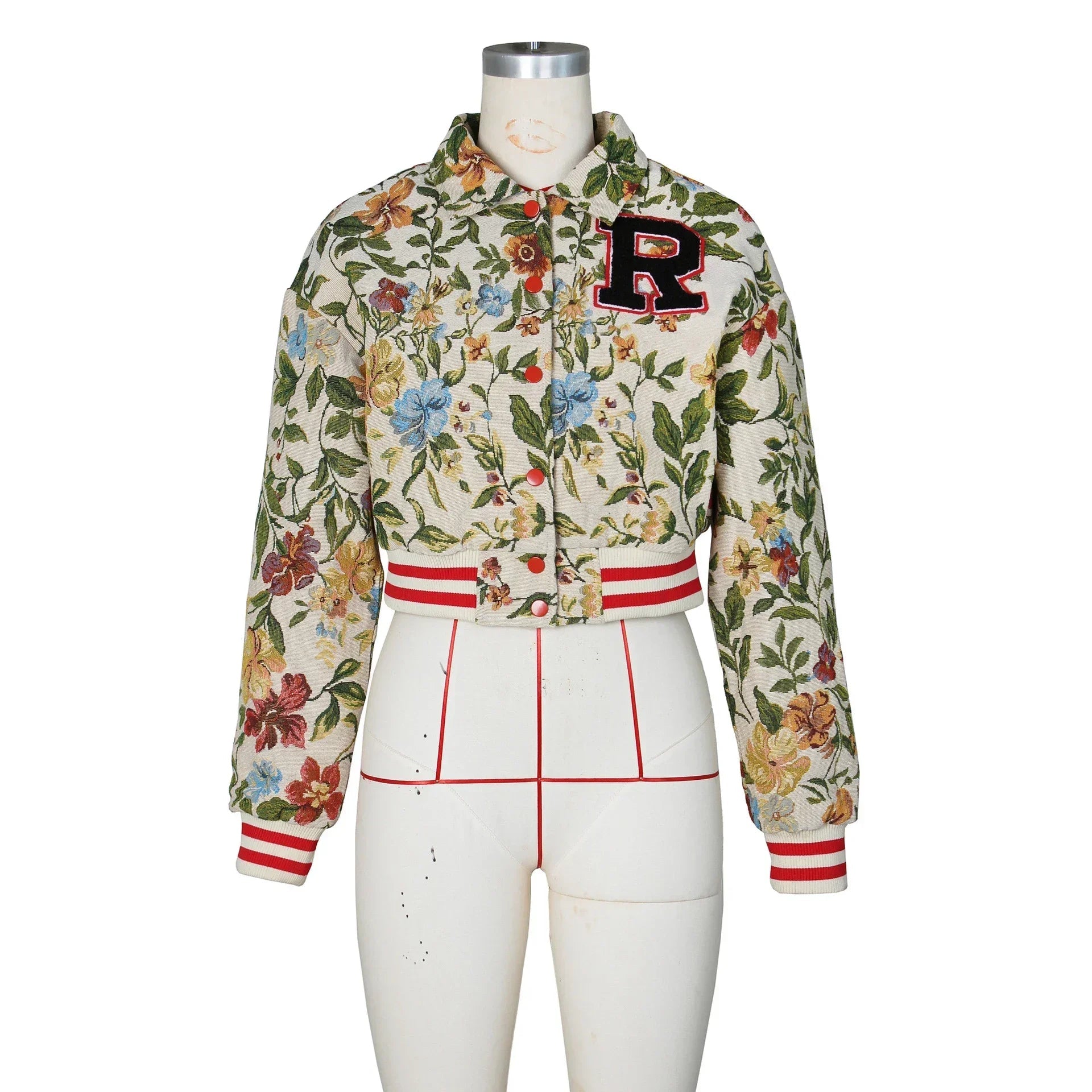 Voguable  Retro Floral Jacquard Varsity Sexy Cropped Jackets Women Autumnn Winter Fashion Long Sleeve Striped Baseball Coats Female voguable