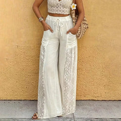 Voguable  Summer Lace Patchwork High Waist Drawstring Pockets Loose Fit Wide-leg Pants Casual Beach Vacation Comfortable Trousers Clubwear voguable