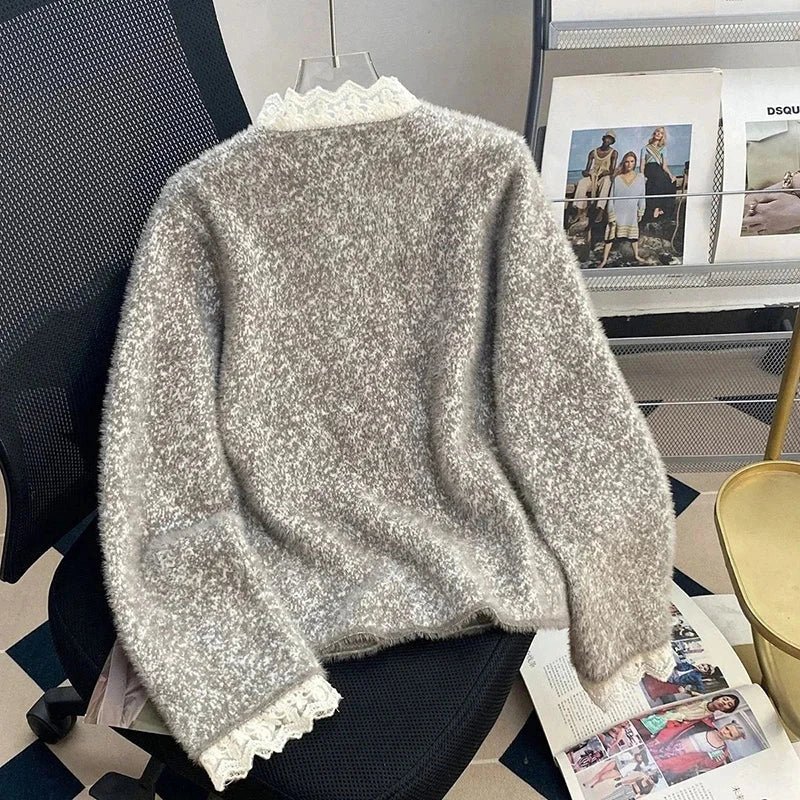 Faux Mink Cashmere Gray Cardigan Women Lace Patchwork Long Sleeve Elegant Knitted Sweaters Vintage Korean Casual Pockets Tops voguable
