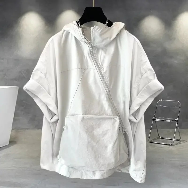 Voguable  Trendy Zip-Up Hooded Short Sleeve Men's T-Shirt Korean Style Loose Fit Large Pocket Summer Casual Tops voguable
