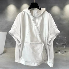 Voguable  Trendy Zip-Up Hooded Short Sleeve Men's T-Shirt Korean Style Loose Fit Large Pocket Summer Casual Tops voguable