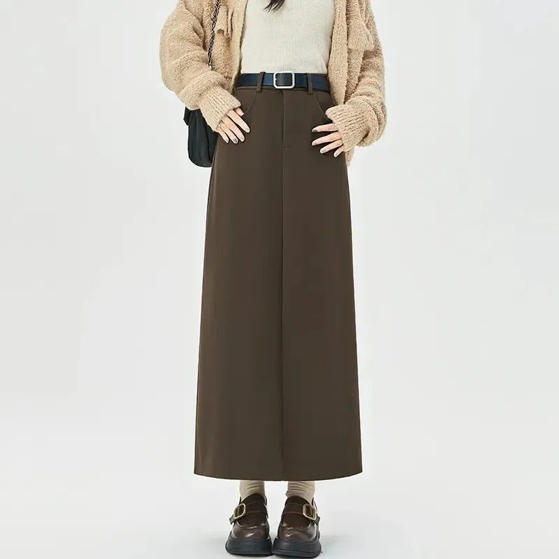 Autumn Faux Fur Belt Midi Skirts Women Y2K High Waist Rear Slit A-Line Skirt Winter Thick Elegant Office Lady Woolen Skirts New voguable