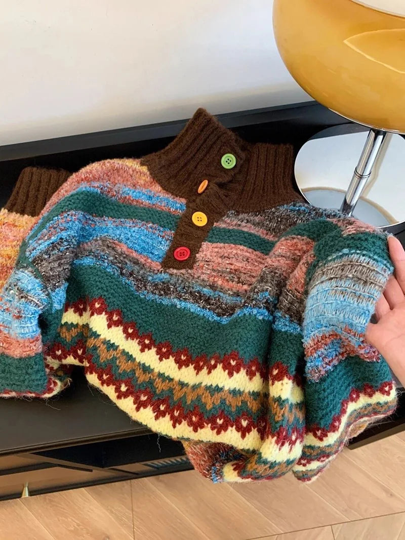 Vintage Print Harajuku Sweater Women Loose Fall Winter Sweet Knitted Jumper Casual Stand Collar Long Sleeve American Retro Tops voguable