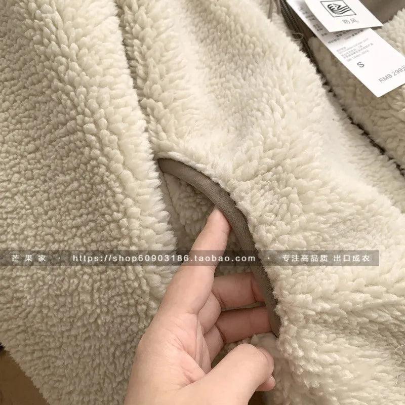 Autumn Winter Lambswool Coat Male Loose Windproof Warm Sherpa Stand Collar Polar Fleece Jacket Unisex Simple  Pocket Spliced Top voguable