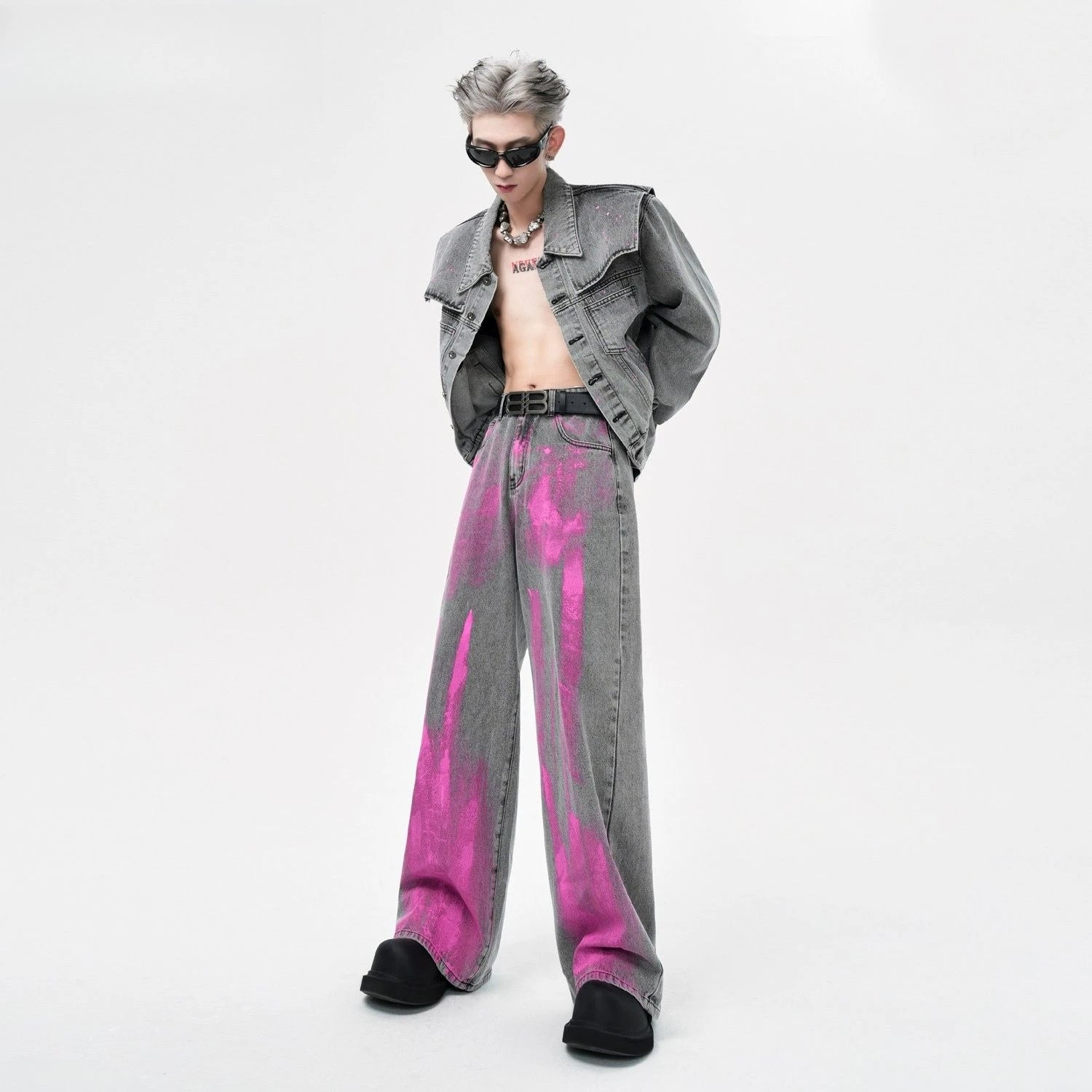 Coated Jeans Men's American High Street Wasteland Gray Wide-leg Pants Men Women A-type Smoke Gray Floor Pants 2025 voguable