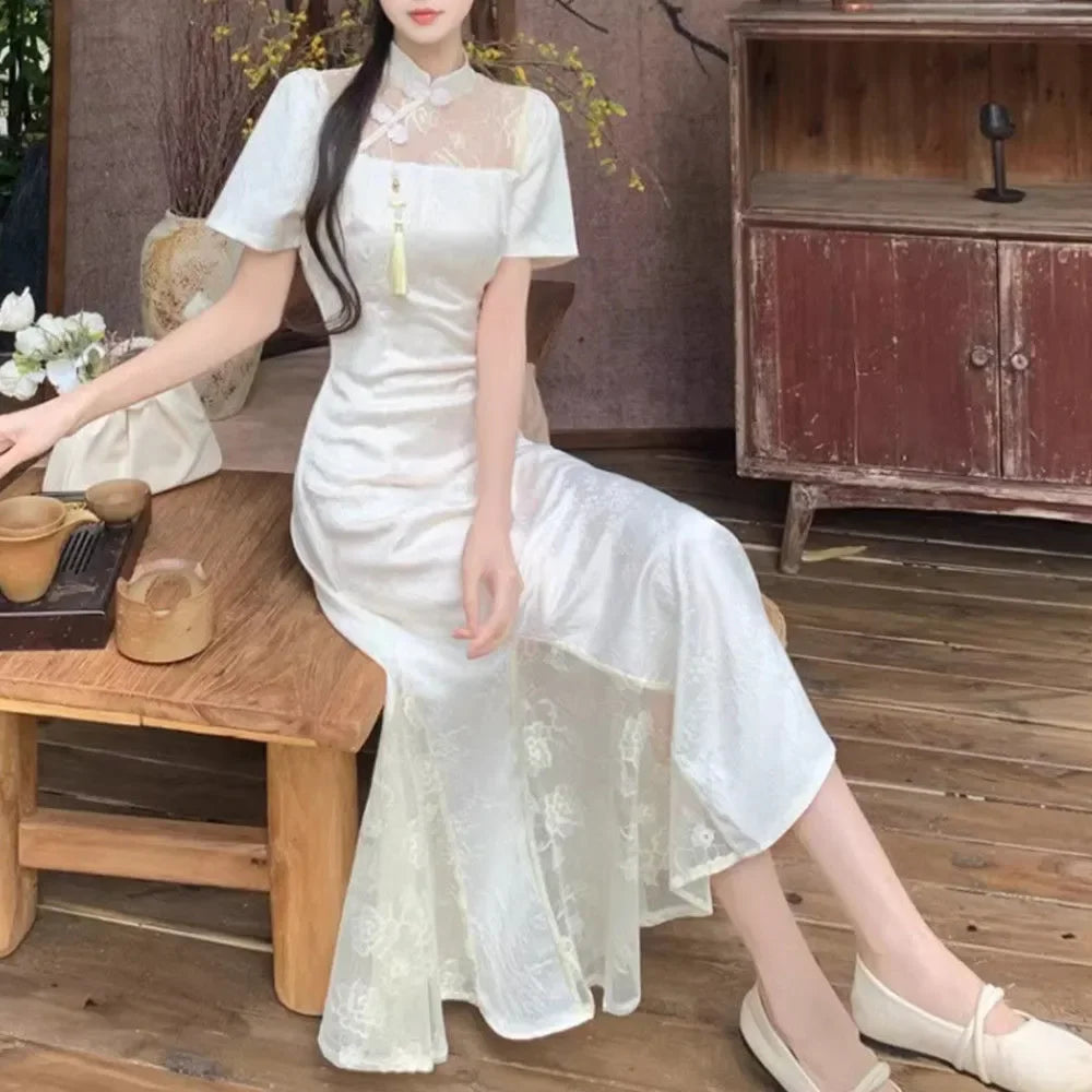 Voguable  Modified Cheongsam Dress Women Summer New Sexy Sweet Medium Long Chic Chinese-Style Slimming Fishtail Long Dresses voguable