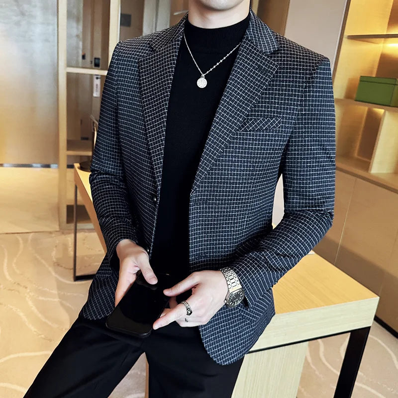 Voguable  Luxury and Fashionable Men's Suit Jacket Blazer Business Slim Fit Lapel Plaid Dress Suit Wedding Groom Tailcoat Suit Jacket4XL-M voguable