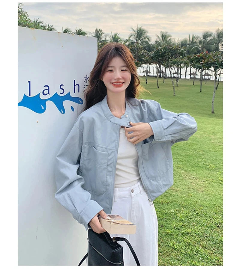 Sweet Biker Pu Jacket Women Vintage Preppy Style Big Pockets Short Coat Casual Korean Long Sleeve Retro O Neck Cute Tops voguable