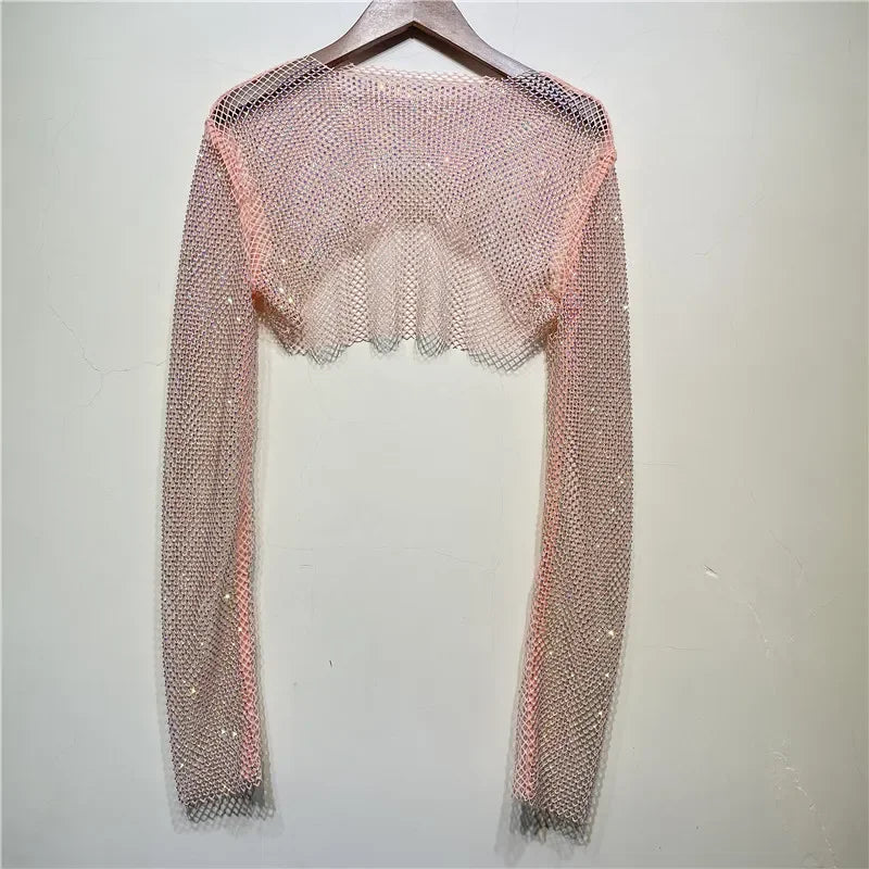 Sparkly Crystal T-shirts Women O-Neck Hollow Out Sexy See Through Tank Tops Night Partywear Crop Shirts Tee Y2K Tops 2022 voguable